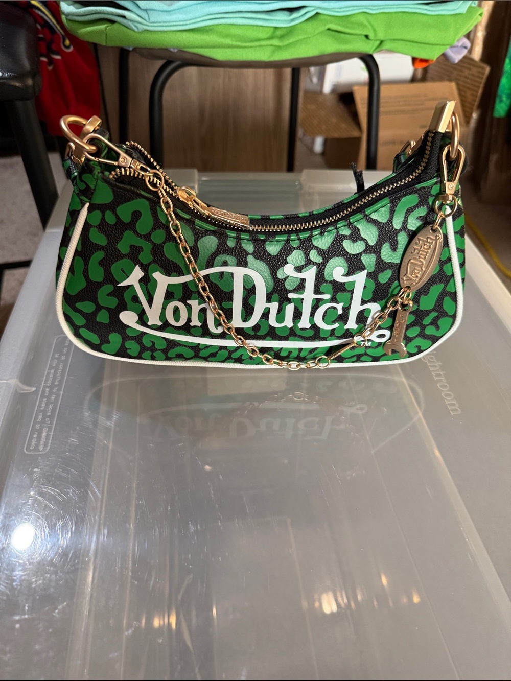 Von Dutch Green Leopard Mini Chain Shoulder Bag with Gold Hardware